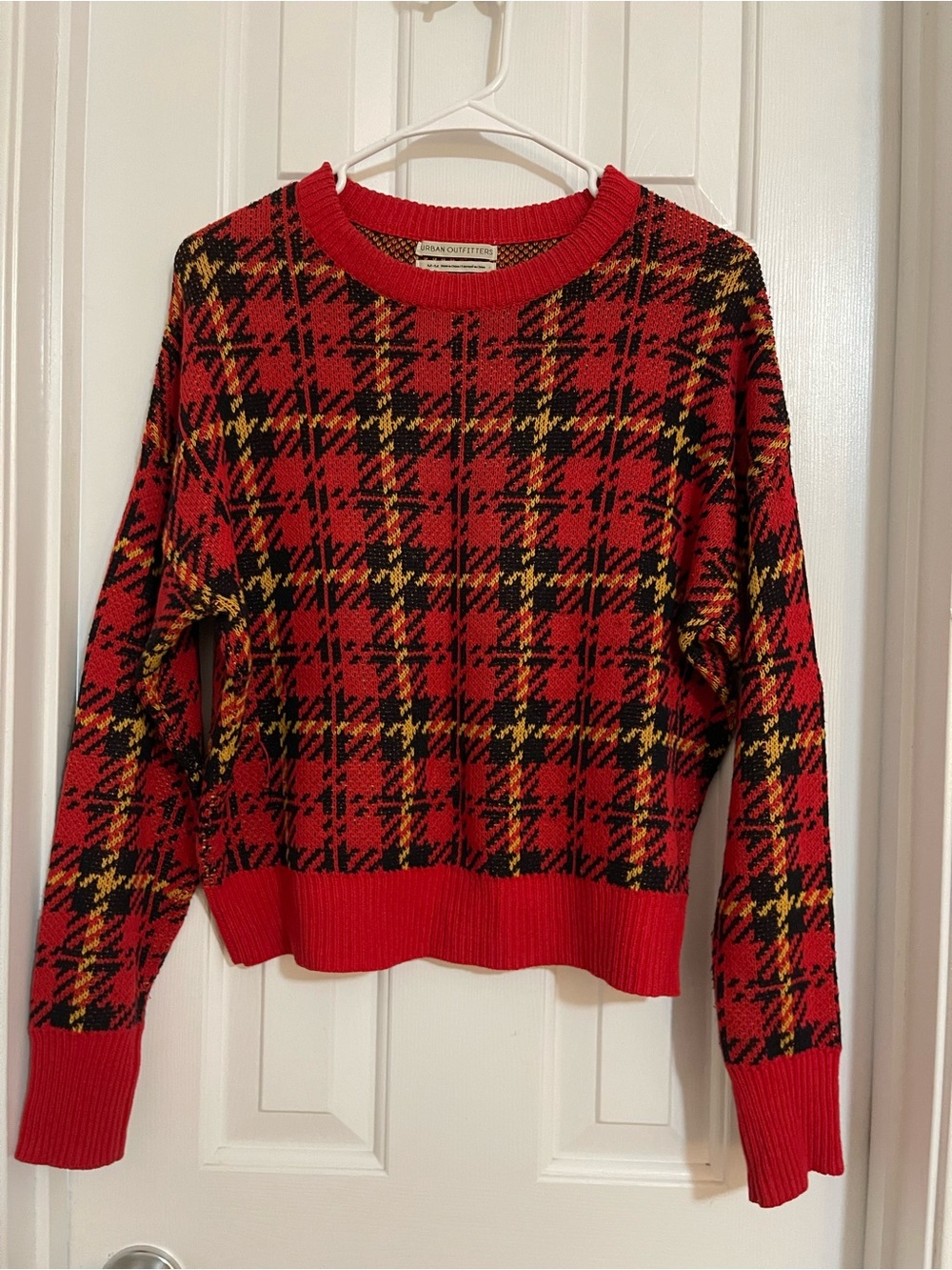 Urban Outfitters Red Plaid Crewneck Sweater with Black & Yellow Accents
